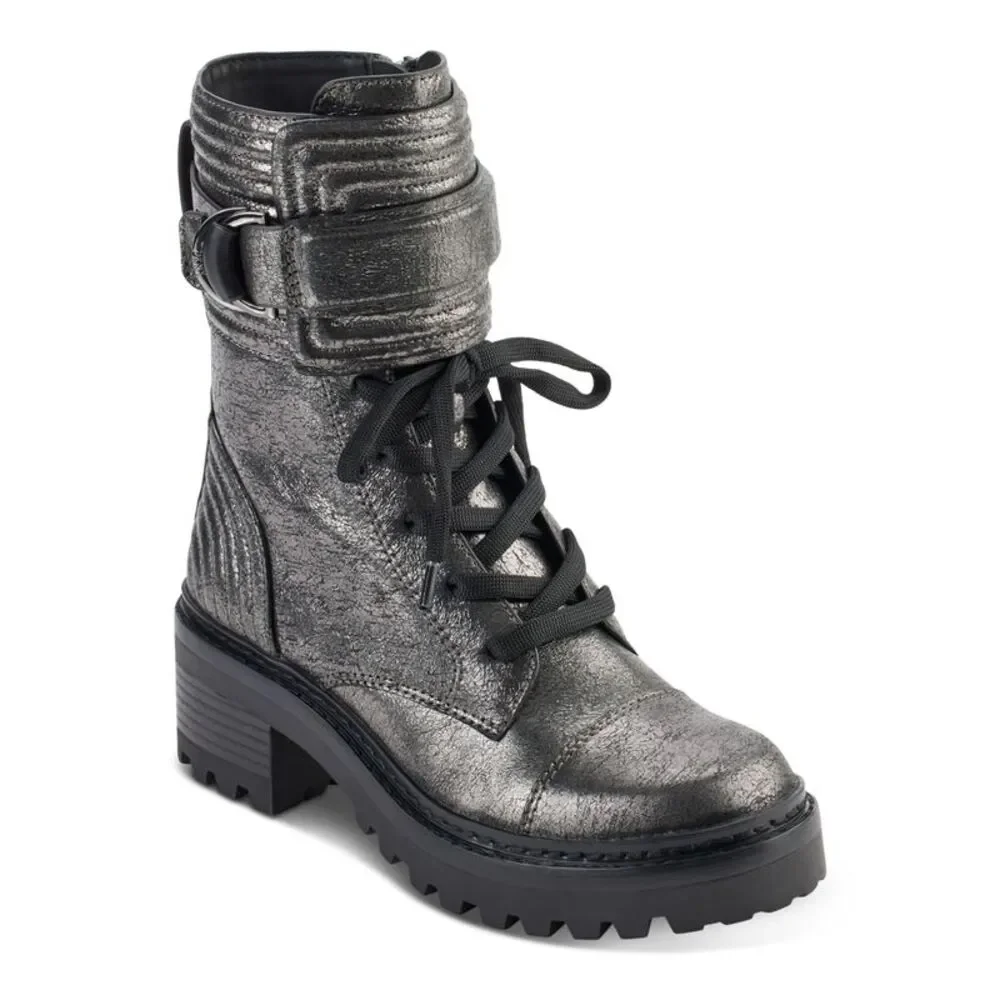 DKNY Womens Silver Basia Round Toe Block Heel Leather Combat Boots 7.5 M